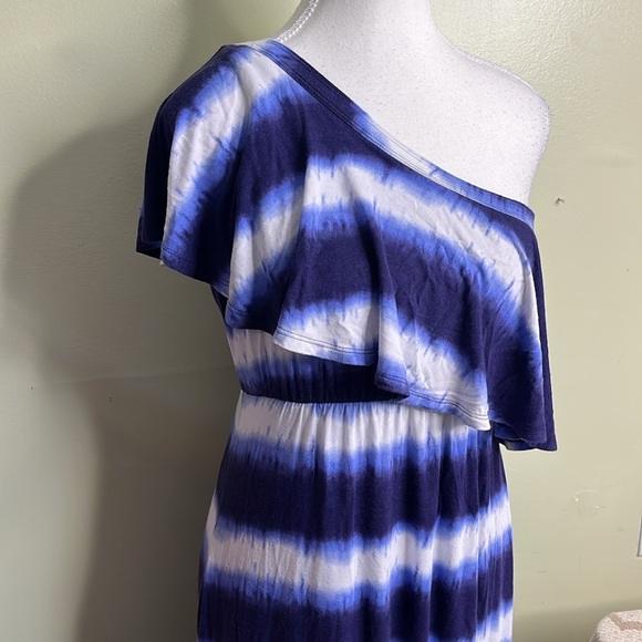 Soma Soft Jersey One Shoulder Ruffle Tie Dyed Stripe Navy Maxi Dress,size medium - Picture 8 of 9